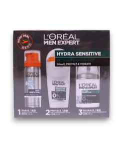 Комплект за пътуване L'Oreal Paris: Men Expert без алкохол хидратиращ и регенериращ дневен и нощен крем за лице 50 ml + Men Expert без алкохол против изпотяване дезодорант рол-он за мъже 50 ml + Men Expert глицерин против раздразнения пяна за бръснене 50 ml