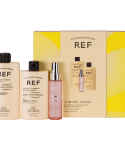 Комплект подаръчна кутия Ref Stockholm: Ultimate Repair без сулфати шампоан за коса възстановяване и укрепване 285 ml + Ultimate Repair без сулфати балсам за коса за хидратиране/разресване и блясък 245 ml + еликсир за блясък серум за коса омекотяващ 80 ml