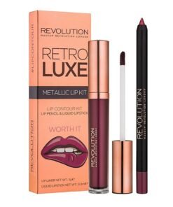 Комплект Makeup Revolution: Retro Luxe Metallic Течно червило Worth It 55 ml + Retro Luxe Молив за устни Worth It 1 g