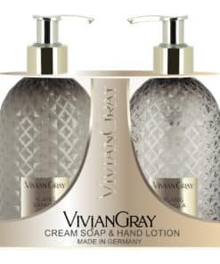 Комплект Vivian Grey: скъпоценен камък иланг и ванилия почистващ течен сапун 300 мл + скъпоценен камък иланг и ванилия хидратиращ лосион за ръце 300 мл