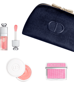 Комплект за блясък Natural Glow Ritual Christian Dior: Backstage Rosy Glow компактна пудра руж 001 розов 4.6 г + Addict гланцово масло за устни 001 розов 6 мл + Abricot укрепващ крем за нокти 8 г + текстилна чантичка за грим синя